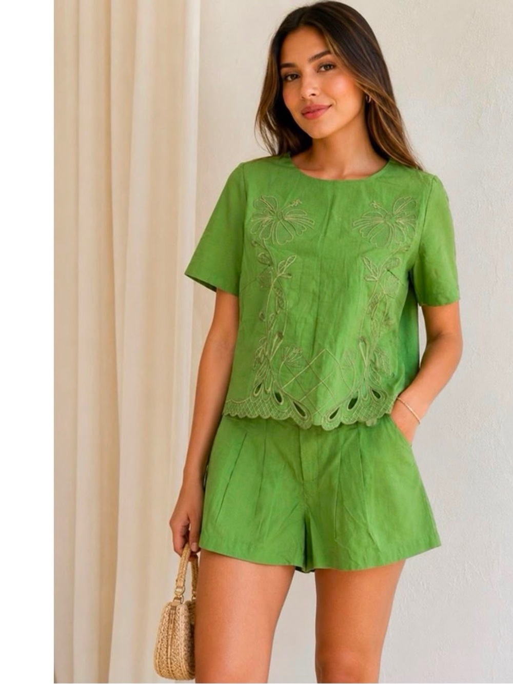 Green Embroidered Linen Two-Piece Top & Shorts Set